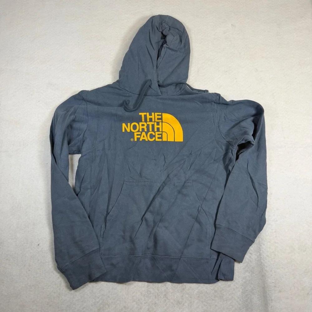 The North Face Mens Blue Yellow Logo Pullover Hoodie Fleece Sweatshirt Medium